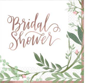 Square napkin with the words ‘Bridal Shower’ in rose-gold script at the center, surrounded by green leafy vines and small pink buds along the border.