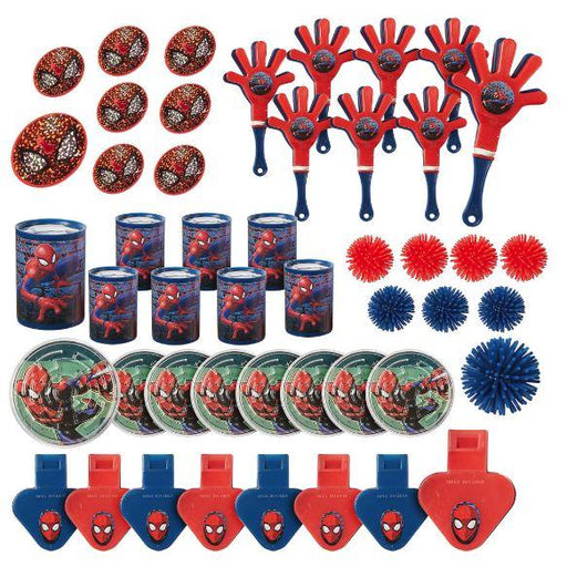 Assorted Spider-Man party favors set including red and gold bouncy balls, red and blue clapper hands, Spider-Man printed containers, red and blue spiky balls, round yo-yos with Spider-Man designs, and red and blue whistles with Spider-Man logos.