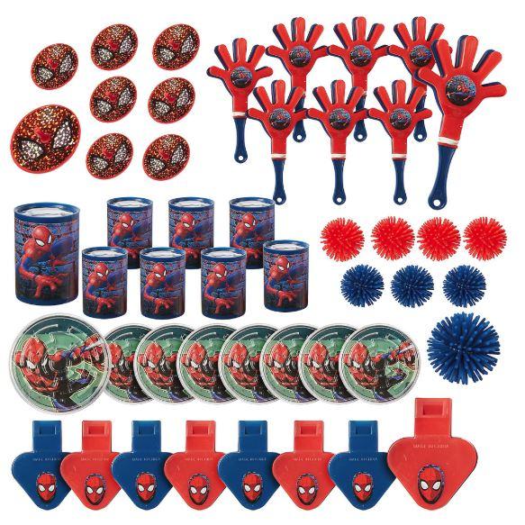 Assorted Spider-Man party favors set including red and gold bouncy balls, red and blue clapper hands, Spider-Man printed containers, red and blue spiky balls, round yo-yos with Spider-Man designs, and red and blue whistles with Spider-Man logos.