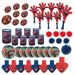 Assorted Spider-Man party favors set including red and gold bouncy balls, red and blue clapper hands, Spider-Man printed containers, red and blue spiky balls, round yo-yos with Spider-Man designs, and red and blue whistles with Spider-Man logos.