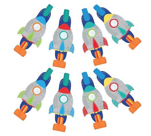 Set of colorful party blowouts designed to look like rockets. Each blowout features a gray rocket body with colorful fins, windows in different colors, and orange rolled paper ends representing flames.