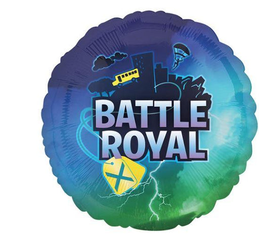 Round balloon with a blue and green stormy background, featuring silhouettes of a city skyline, parachute, and bus, with the words ‘Battle Royal’ in bold gradient letters at the center.