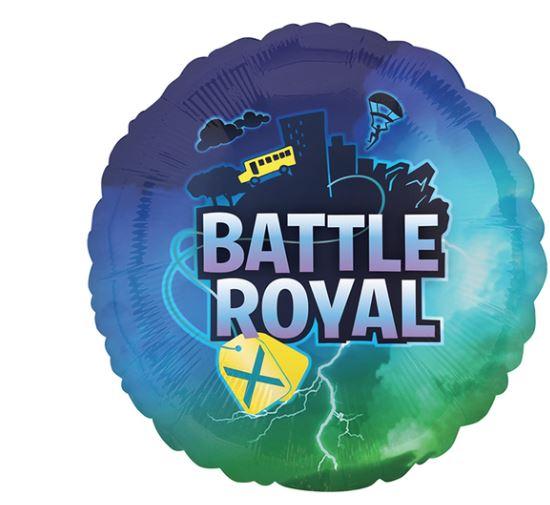 Round balloon with a blue and green stormy background, featuring silhouettes of a city skyline, parachute, and bus, with the words ‘Battle Royal’ in bold gradient letters at the center.