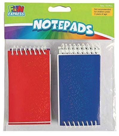 Package of Fun Express spiral notepads with two visible covers, one red and one blue, labeled ‘Notepads’ on the header card.