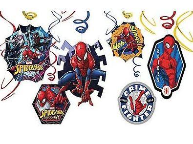 Spider-Man hanging swirl decorations featuring cutouts of Spider-Man poses, web designs, and phrases like ‘Web Slinger’ and ‘Crime Fighter,’ with red, yellow, and blue streamers.