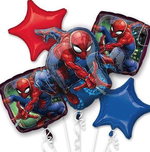 Set of Spider-Man foil balloons including three square balloons featuring Spider-Man in action poses, one red star-shaped balloon, and one blue star-shaped balloon.