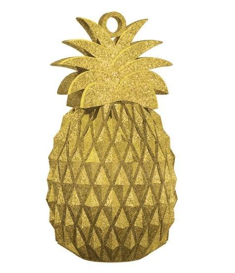 Gold glitter pineapple cutout decoration with a small loop at the top for hanging.