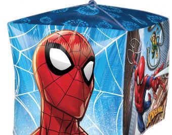 Spider-Man cube-shaped foil balloon featuring large close-up and action images of Spider-Man with web designs and comic-style backgrounds.
