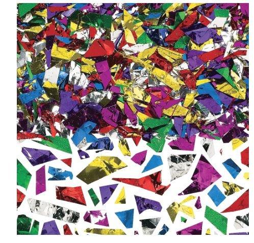 Pile of metallic confetti pieces in assorted colors including red, green, gold, silver, purple, and blue.
