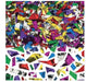 Pile of metallic confetti pieces in assorted colors including red, green, gold, silver, purple, and blue.