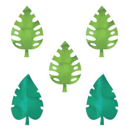 Set of five tropical leaf cutouts in green and teal shades, featuring monstera-style shapes.