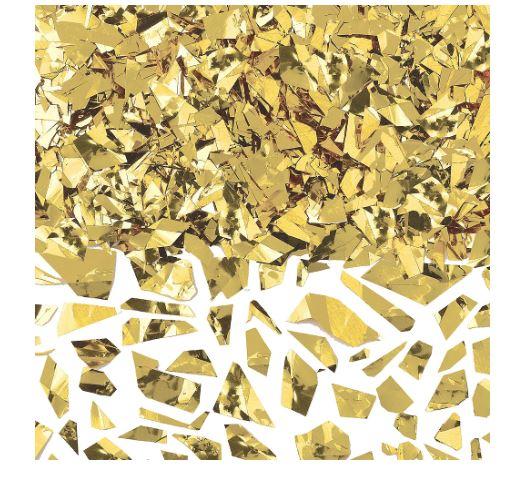 Pile of metallic gold confetti pieces in irregular shapes scattered across a surface.