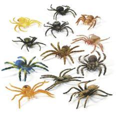 Assorted set of twelve plastic toy spiders in various colors and patterns including black, brown, yellow, blue, and green.