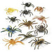 Assorted set of twelve plastic toy spiders in various colors and patterns including black, brown, yellow, blue, and green.