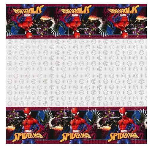 Spider-Man plastic table cover with a white center decorated with faint gray Spider-Man icons, bordered by colorful images of Spider-Man in action and the Marvel Spider-Man logo.