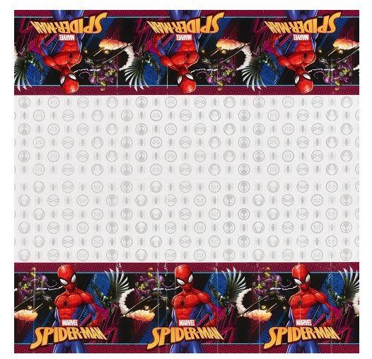 Spider-Man plastic table cover with a white center decorated with faint gray Spider-Man icons, bordered by colorful images of Spider-Man in action and the Marvel Spider-Man logo.