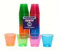 Package of Party Essentials Brights 1 oz. shot glasses, set of 50 in assorted translucent colors including orange, green, pink, and blue.