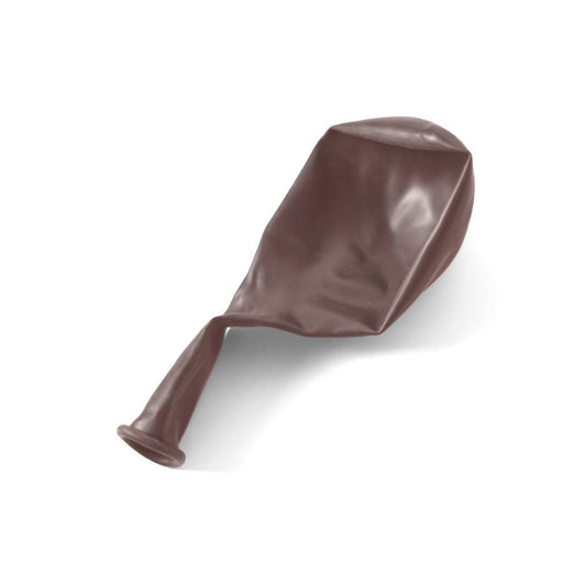 Single uninflated latte brown balloon lying flat on a white background.
