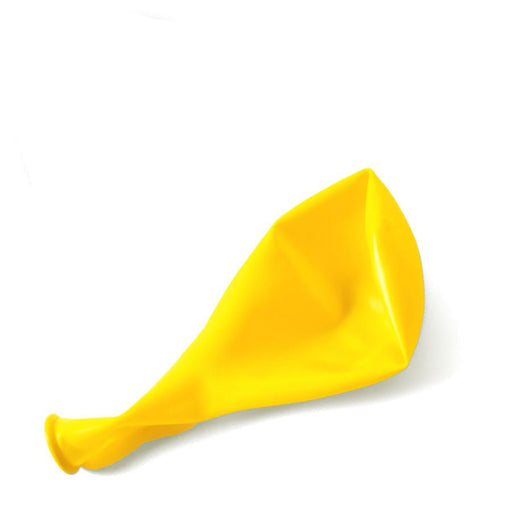 Single uninflated lemon yellow balloon lying flat on a white background.