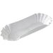 White disposable paper hot dog tray with a long, shallow shape and fluted, scalloped edges.