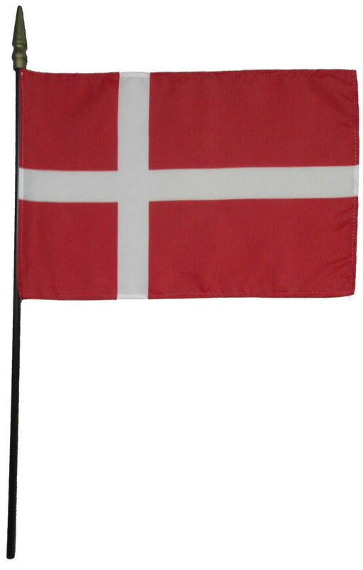 Rectangular flag with a red background and a white Scandinavian-style cross that extends to all edges. The vertical part of the cross is shifted toward the hoist side. The flag is mounted on a black pole with a dark gold spear-shaped tip.