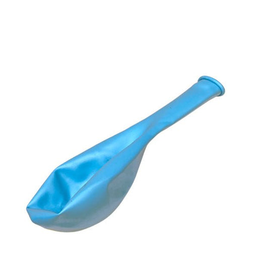 Deflated pearl light blue latex balloon with a glossy finish, lying flat with the neck extended on a white background.