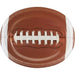 Oval-shaped disposable party plate designed to look like an American football with brown textured pattern and white laces.
