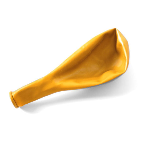 Single uninflated gold metallic balloon lying flat on a white background.