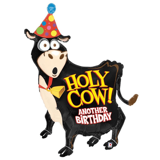 Black and cream cartoon cow-shaped birthday balloon with wide eyes, a red collar and yellow bell, wearing a colorful polka-dot party hat. Text on balloon reads 'HOLY COW! ANOTHER BIRTHDAY' in bold yellow and red letters.