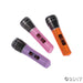 Three colorful toy microphones in purple, pink, and orange with black tops, each featuring an on/off switch design.