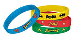 Set of four silicone wristbands in different colors, each featuring a superhero logo and name — blue with Superman, yellow with Batman, red with Flash, and green with Aquaman.