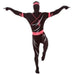 Person in a black ninja-themed morphsuit with light red accents, standing on one leg with arms extended outward, wearing a matching headband and full-body suit with printed designs.