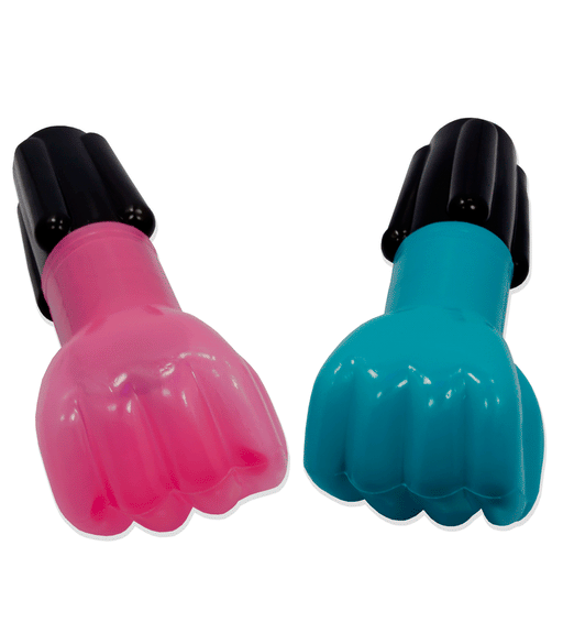 Two plastic toy punching hands with handles, one in bright pink and the other in bright blue. Each toy has a black handle and a large, closed fist at the end, designed to resemble oversized cartoon fists.
