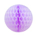 Round lavender honeycomb paper decoration with a diamond-textured pattern, fully expanded into a spherical shape.