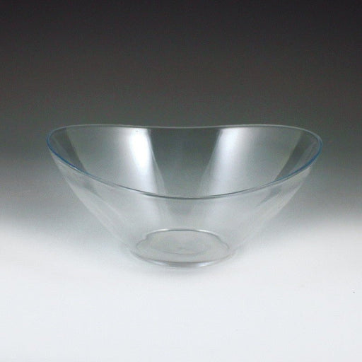Clear plastic bowl with a smooth, glossy surface and an irregular, wavy rim shape. The bowl has a wide, open top and a narrow round base, forming an organic, flowing silhouette. It is transparent and untextured.