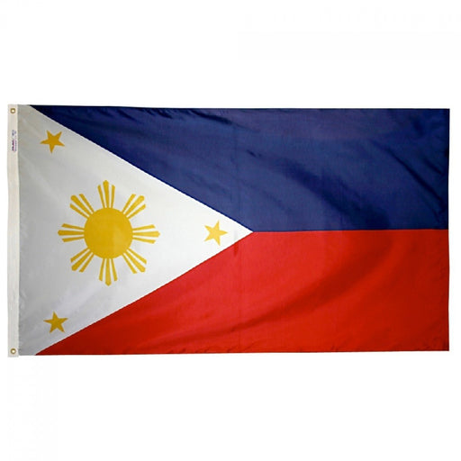A flag with a horizontal bicolor of blue and red, and a white triangle on the left side featuring a golden sun and three small gold stars.
