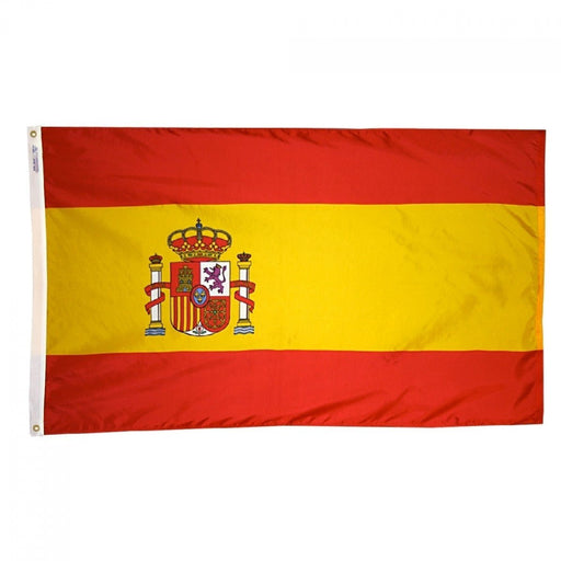 A flag with three horizontal stripes: red on the top and bottom, and a wider yellow stripe in the center. A decorative emblem is positioned on the left side of the yellow stripe.