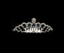 Silver tiara with intricate design and sparkling rhinestones, displayed against a black background.