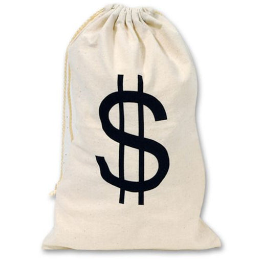 Canvas drawstring money bag with a large black dollar sign printed on the front.