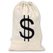 Canvas drawstring money bag with a large black dollar sign printed on the front.