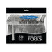 Package of Party Essentials Silver Cutlery Forks, 50-count pack of heavy-duty disposable silver-colored plastic forks.