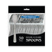 Package of Party Essentials Silver Cutlery Spoons, 50-count pack of heavy-duty disposable silver-colored plastic spoons.