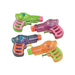 Set of four colorful plastic water guns in green, purple, blue, and orange, each with a translucent design and trigger handle.