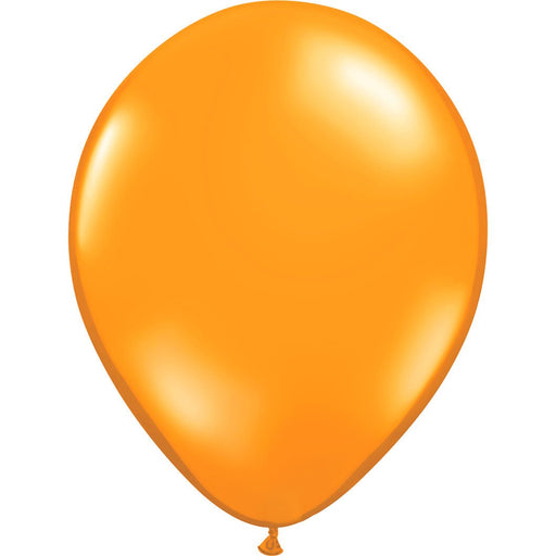 Inflated orange latex balloon with a smooth, glossy surface and a tied end, centered against a white background.