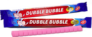 Dubble Bubble gum sticks in red and blue packaging, with one unwrapped pink gum stick placed in front.