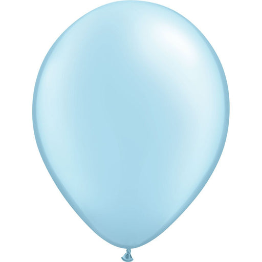 Inflated pearl light blue latex balloon with a smooth, reflective surface and a tied end, centered against a white background.