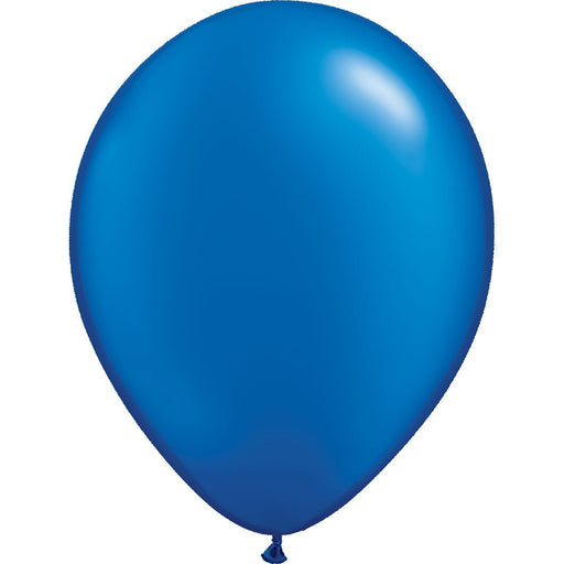 Inflated metallic blue latex balloon with a smooth, reflective surface and a tied end, centered against a white background.