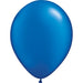 Inflated metallic blue latex balloon with a smooth, reflective surface and a tied end, centered against a white background.