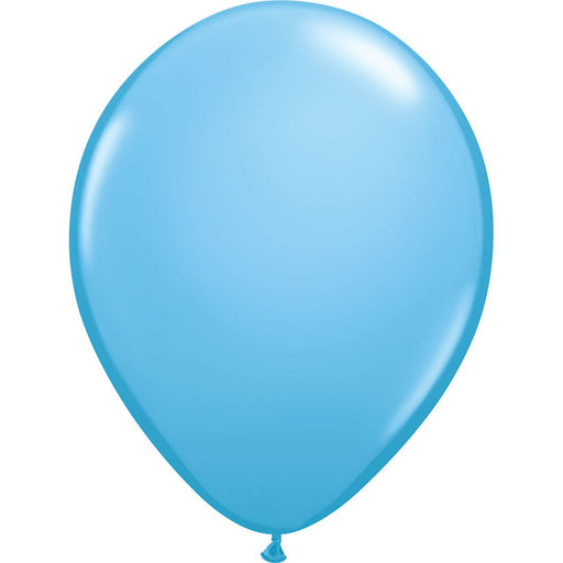 Inflated light blue latex balloon with a smooth, glossy surface and a tied end, centered against a white background.