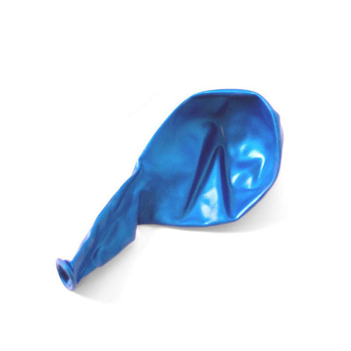 Deflated metallic blue latex balloon with a glossy surface, lying slightly crumpled on a white background.